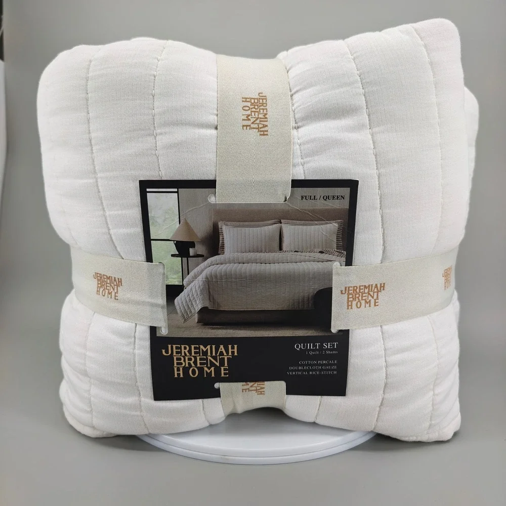 Jeremiah Brent Home Full Queen Quilt Set Cream Vertical Rice Stitch 3pc